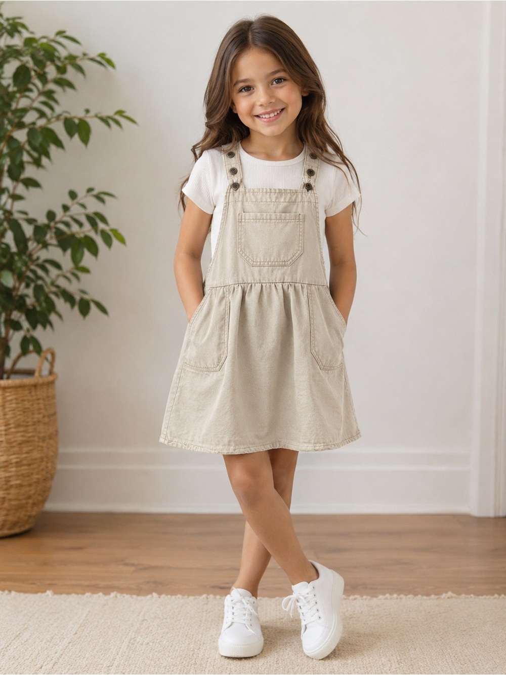 Girls Beige Overall Dress with Front Pockets